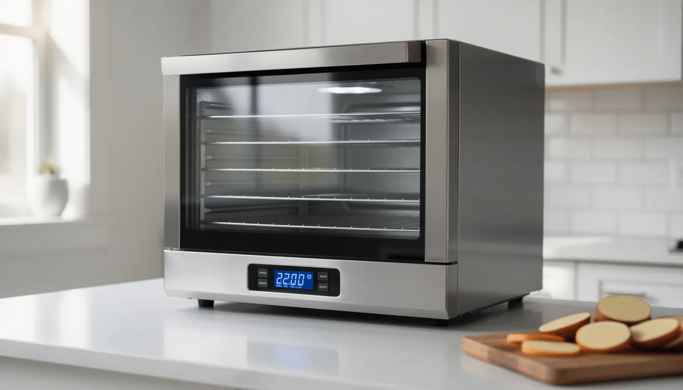 A modern stainless steel food dehydrator with a glass door sits on a kitchen counter, featuring six stainless steel trays and a digital control panel for adjustable temperature and timer settings. This electric dehydrator is designed for making jerky, dried fruits, and dog treats, making it a versatile machine for preserving various foods.