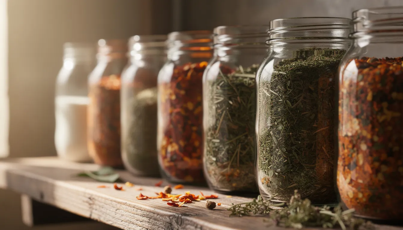 The image features a rustic wooden shelf lined with glass jars filled with vibrant dried herbs and colorful chili flakes, showcasing a variety of tasty ingredients perfect for using with a food dehydrator like the Magic Mill. This setup inspires easy recipe ideas for dehydrate foods at home, including garlic powder and smoked paprika.