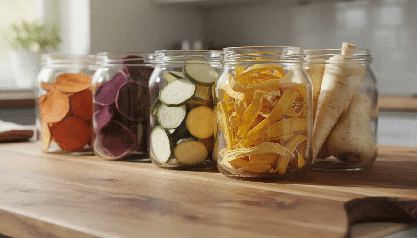 The image shows glass jars filled with an assortment of colorful dried vegetable pieces, arranged neatly on a wooden kitchen counter, showcasing the results of using a food dehydrator. The vibrant colors and varied shapes of the vegetables highlight the love for healthy food projects and the great taste of dehydrated snacks.