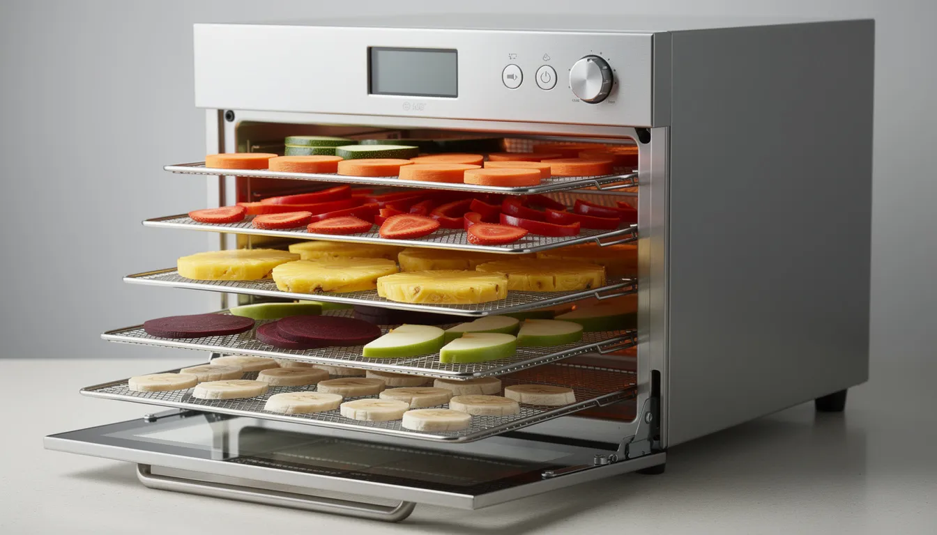 The image features a stainless steel cabinet-style food dehydrator with eight metal racks partially pulled out, displaying an array of colorful fruits and vegetables, such as banana chips and apple chips, arranged for the drying process. This digital dehydrator is designed for efficiency and even heat distribution, making it ideal for creating nutritious snacks like homemade jerky and dried herbs.
