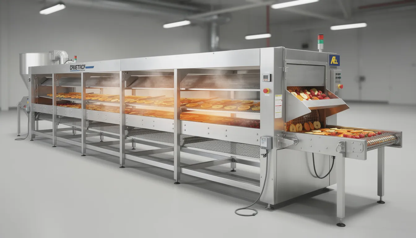 The image shows an industrial conveyor belt fruit dryer, featuring a continuous feed system and constructed from durable stainless steel. This commercial food dehydrator efficiently dries fruits and vegetables using hot air, enhancing their shelf life while preserving essential vitamins and minerals.