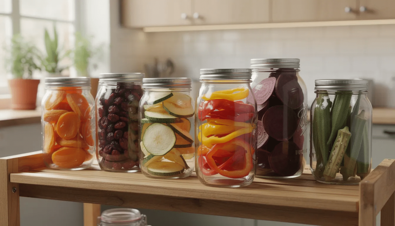 The image shows a collection of mason jars filled with vibrant, dehydrated fruits and vegetables, such as bell peppers, carrots, and bananas, neatly arranged on a kitchen shelf. This colorful display highlights the benefits of food dehydration for long-term storage and easy meal preparation, ideal for outdoor adventures and backpacking meals.