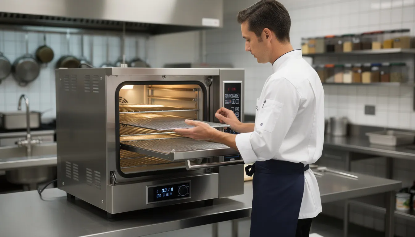 A person is inspecting a large capacity food dehydrator made of food grade stainless steel in a commercial kitchen. The machine features stainless steel trays and adjustable temperature settings, suitable for drying a variety of fruits, vegetables, and herbs for professional services.