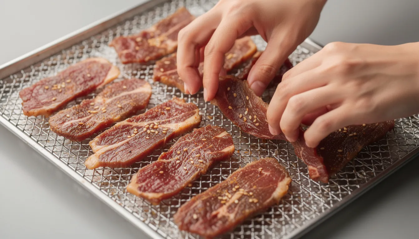 A pair of hands carefully arranges thin slices of marinated beef on a stainless steel mesh dehydrator tray, preparing for the drying process to create homemade jerky. The food dehydrator features eight metal racks, ensuring even heat distribution for nutritious snacks.