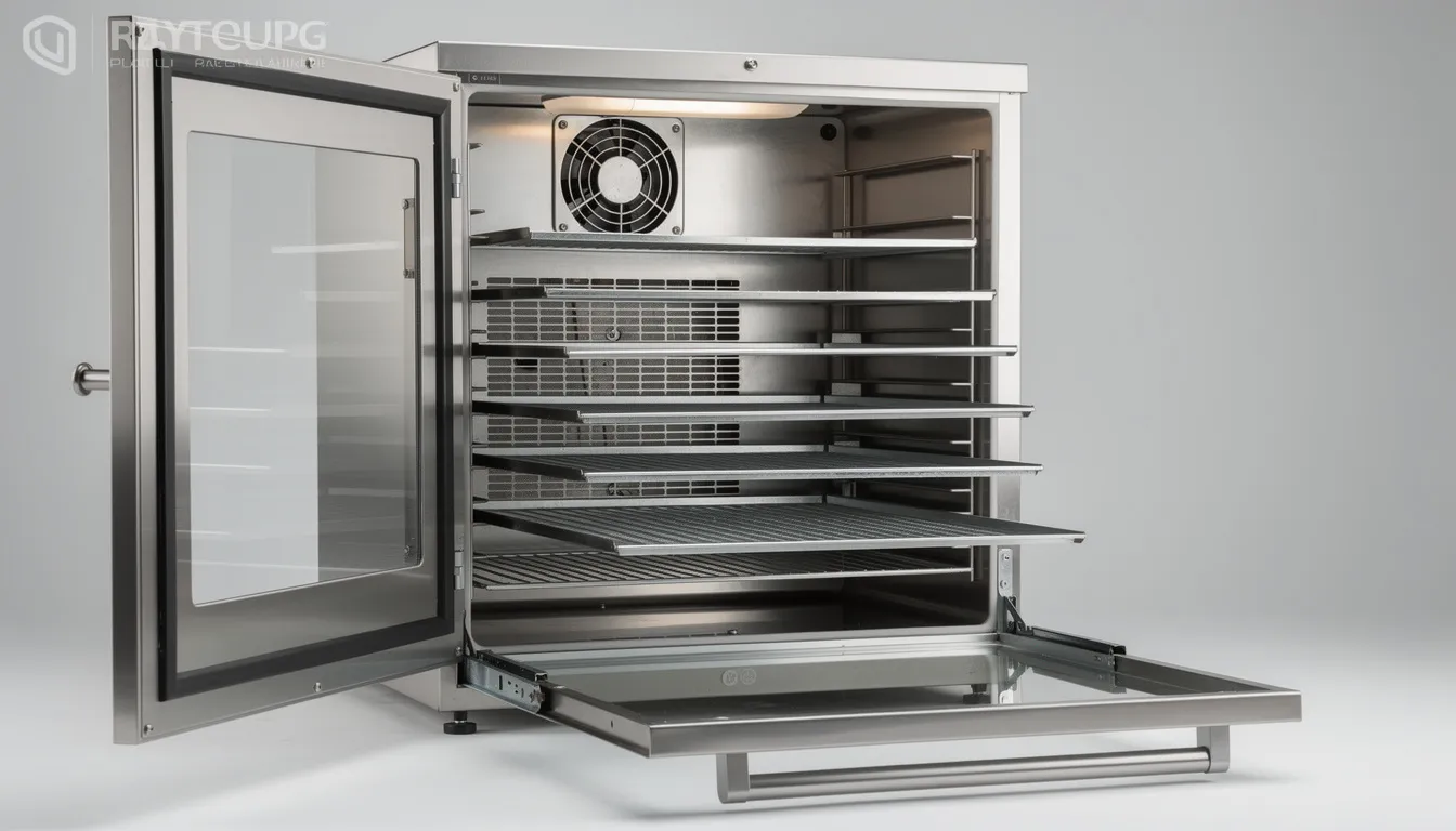 The image features a commercial food dehydrator made of food grade stainless steel, with multiple stainless steel trays pulled out to reveal the spacious interior. This large capacity unit is designed for drying a variety of foods, including fruits, vegetables, and herbs, and is equipped with adjustable temperature settings for optimal operation.