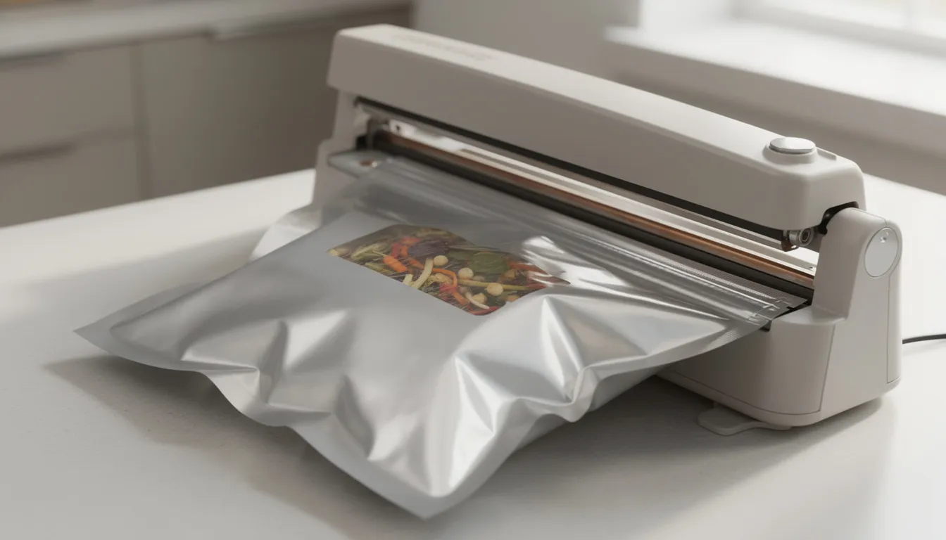 March 4, 2026 | A heat sealer is pressing down on a silver Mylar bag filled with dried vegetables, placed on a kitchen counter, illustrating the process of vacuum sealing for long-term storage. This method helps in preserving the nutritional content and freshness of the stored vegetables while preventing moisture reabsorption and mold growth.