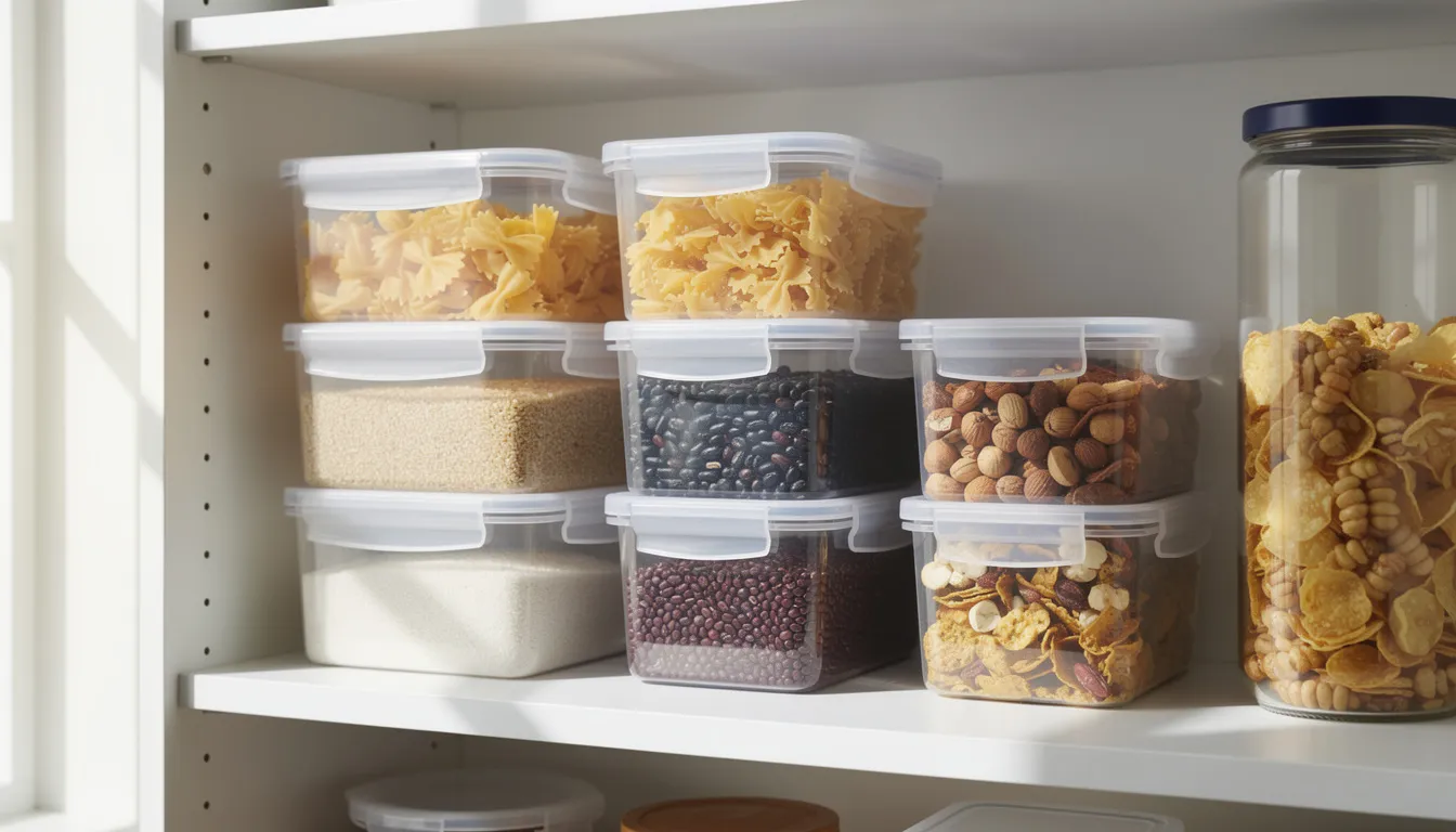 March 4, 2026 | A collection of stackable clear plastic storage containers with snap-lock lids is neatly arranged on a pantry shelf, ideal for storing dried vegetables and other dehydrated foods. These airtight containers help maintain freshness and prevent moisture reabsorption, ensuring the quality and shelf life of the stored produce.