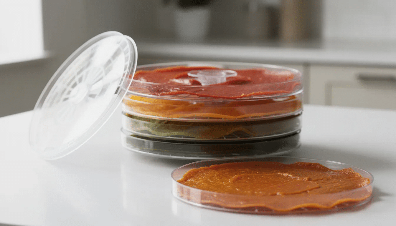 The image shows a food dehydrator with multiple round trays filled with pureed soup that is drying into bark-like sheets, showcasing a creative method for making dehydrated soup mix. This process transforms fresh ingredients into a convenient, shelf-stable form perfect for backpacking recipes or quick meals.