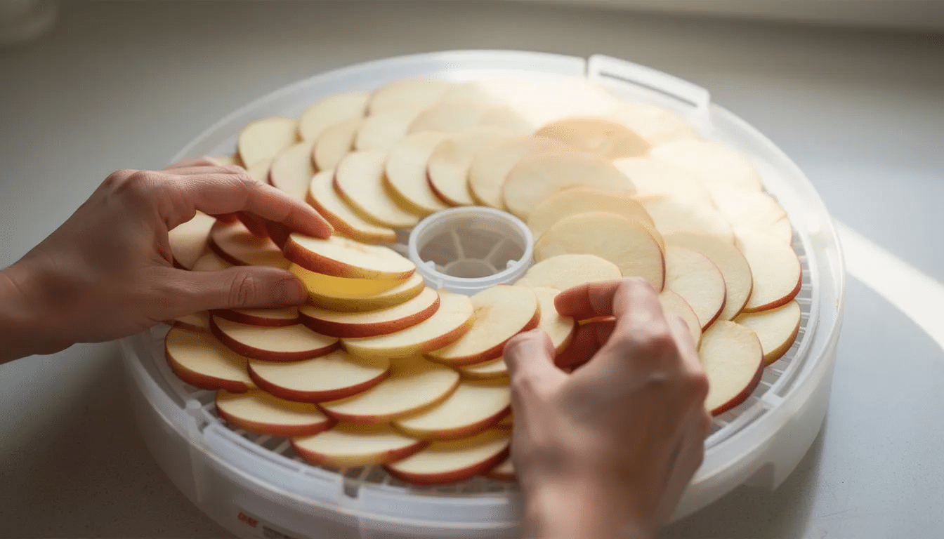A pair of hands is carefully arranging uniform apple slices on a round tray of a Durabrand food dehydrator, preparing the fruits for drying while minimizing waste. The tray is packed with neatly placed slices, showcasing the process of dehydrating fruits and vegetables.