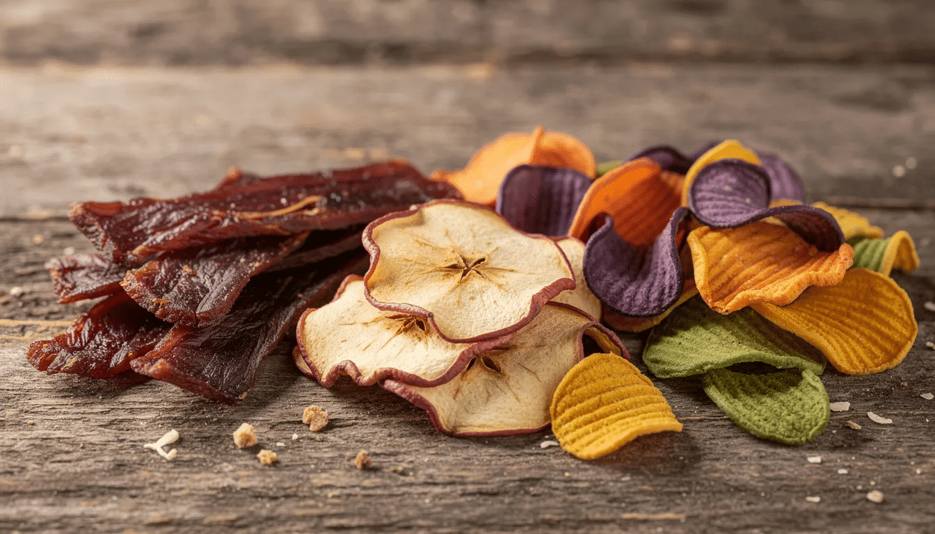 The image features an assortment of dehydrated foods, including dried apple slices, beef jerky strips, and colorful vegetable chips, beautifully arranged on a rustic wooden surface. This visually appealing display highlights the benefits of dehydrated food, showcasing ready-to-eat snacks that are lightweight and have a long shelf life.