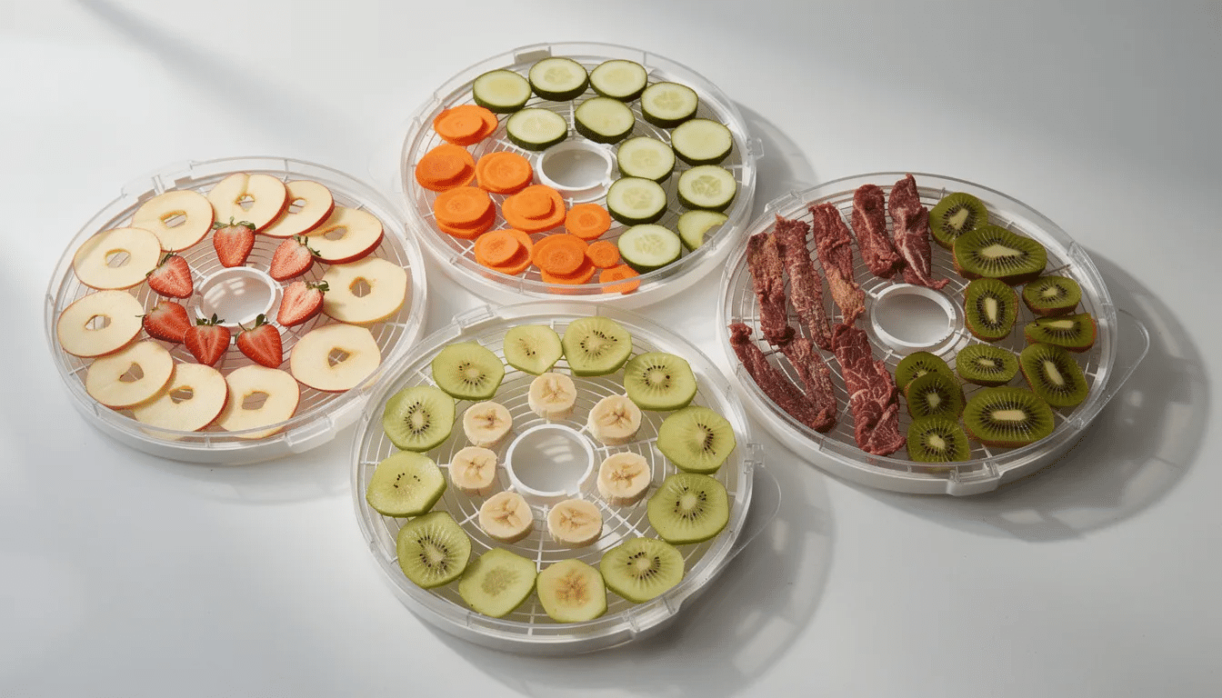 The image displays dehydrator trays filled with various foods, including sliced vegetables and fruits arranged in thin layers, ready for the dehydration process. This setup illustrates the preparation of dehydrated meals for backpacking trips, highlighting the versatility of a food dehydrator in creating your own backpacking food.