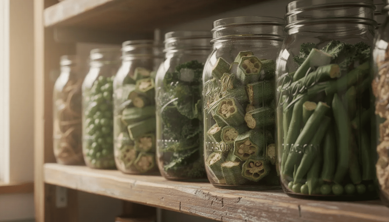 The image features several glass mason jars filled with a variety of dehydrated green vegetables, including broccoli florets and green beans, neatly arranged on a wooden shelf. This colorful display of dehydrated vegetables showcases a healthy option for meal preparation, perfect for adding to soups or as a nutritious side dish.