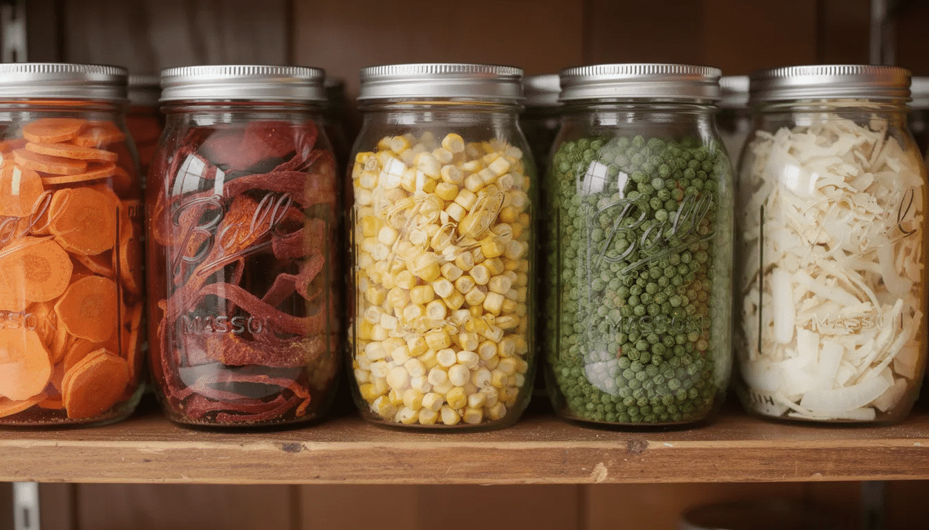 A row of glass mason jars filled with vibrant, dehydrated vegetables, including colorful carrots, green beans, and tomatoes, is neatly arranged on a rustic wooden pantry shelf, showcasing an effective method of food preservation. The airtight containers help maintain the flavor and nutrients of the dried vegetables, ensuring a long shelf life for future recipes.