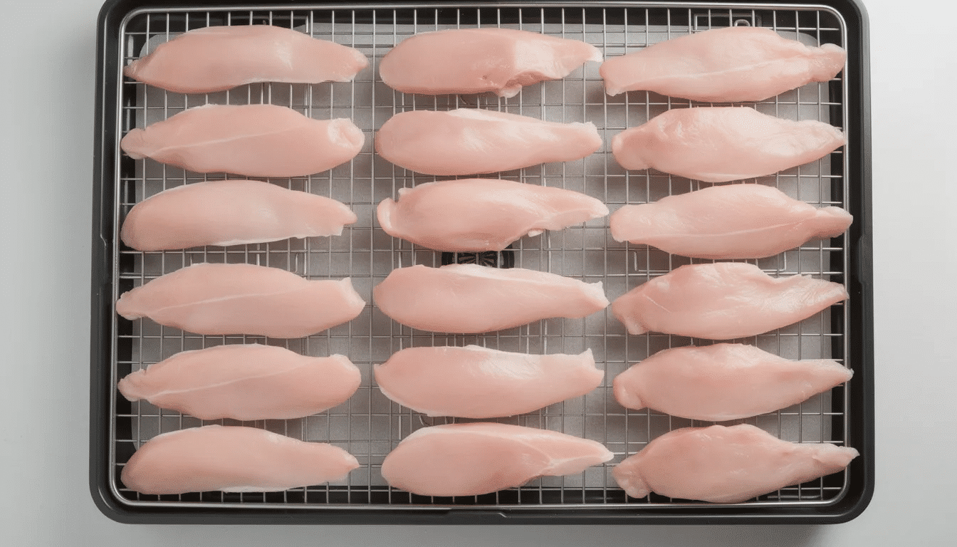 Thin strips of raw chicken breast are neatly arranged on six stainless steel trays of a food dehydrator, ready for the drying process to create homemade dog treats. The trays are designed for optimal airflow, ensuring the chicken will dehydrate effectively for healthy pup treats.