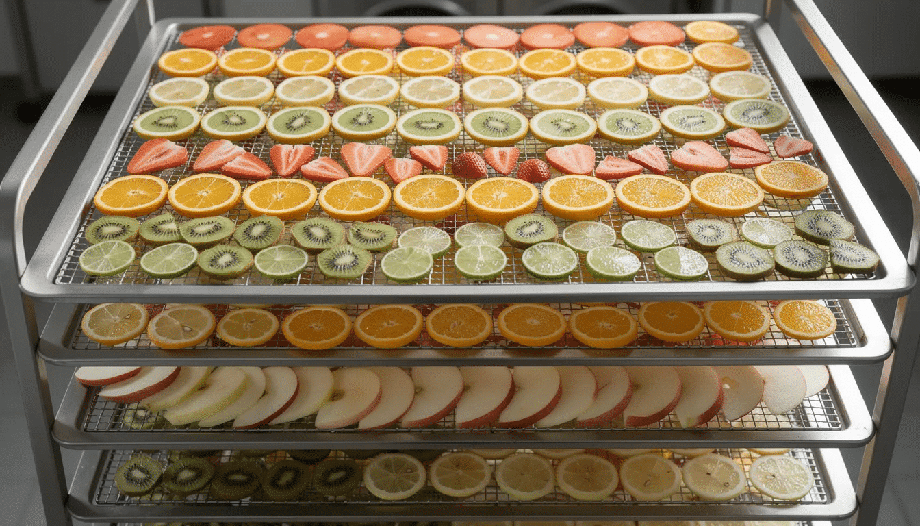 The image features an assortment of sliced fruit, including apples and bananas, neatly arranged in rows on metal drying racks, showcasing the process of using a food dehydrator. This setup, likely in a garage, demonstrates a great way for families to preserve a lot of fruit over time.