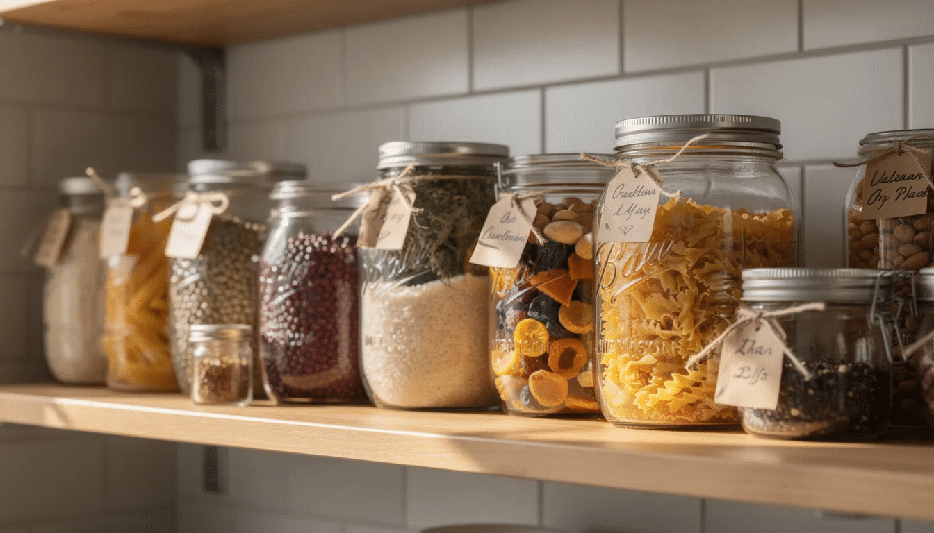 The image features glass mason jars filled with an assortment of preserved dried foods, including colorful dried fruits, vegetables, and snacks like potato chips, all neatly arranged on a kitchen shelf. This setup showcases the results of using a cosori food dehydrator, emphasizing the benefits of dehydrating for long-term food storage and preservation.