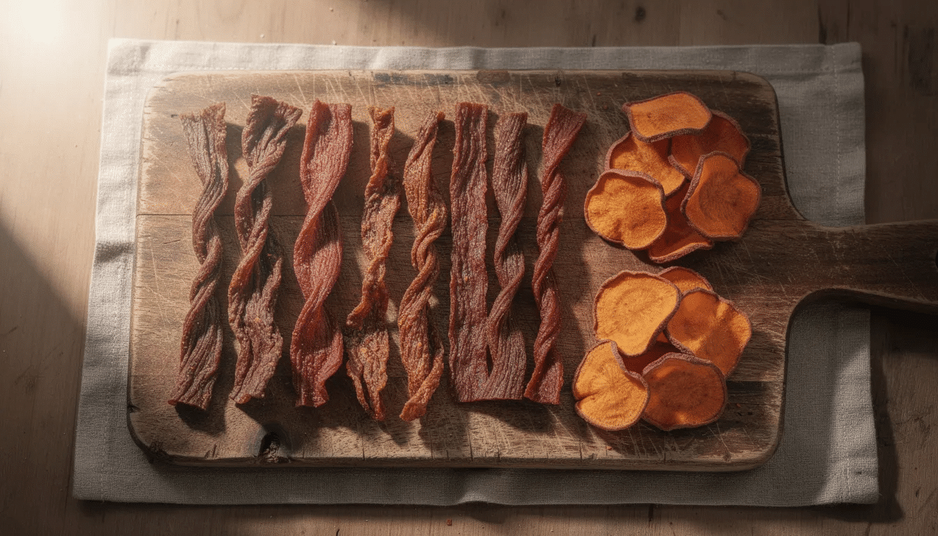An assortment of dehydrated dog treats is displayed on a rustic wooden cutting board, featuring meat jerky and dried sweet potato slices. These homemade dog treats showcase the benefits of using a food dehydrator, perfect for preserving food and creating healthy snacks for pets.