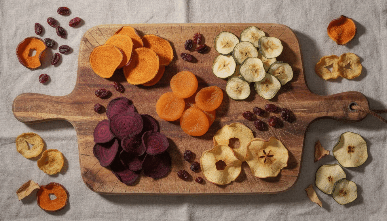 A rustic wooden cutting board displays an assortment of colorful dried fruits, including apple slices and banana chips, alongside crispy vegetable chips, such as potato chips and kale chips. This vibrant arrangement showcases the versatility of dehydrated foods, perfect for anyone looking to explore cosori dehydrator recipes.