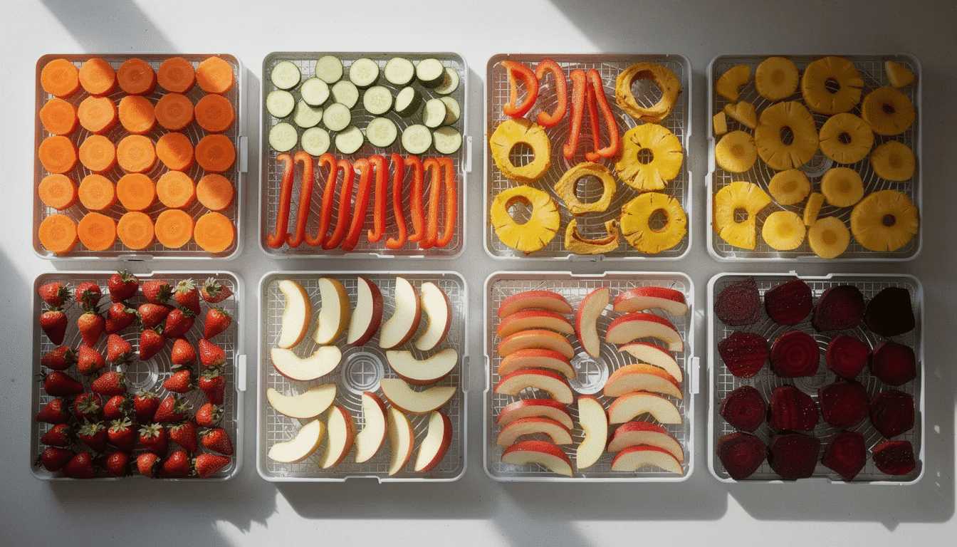 The image shows colorful dehydrator trays filled with an assortment of sliced fruits and vegetables, such as bananas, apples, and bell peppers, all prepared for the food dehydration process. These trays are ready to preserve the flavor and extend the shelf life of fresh food through dehydration, making them ideal for storing dehydrated food for outdoor adventures or backpacking meals.