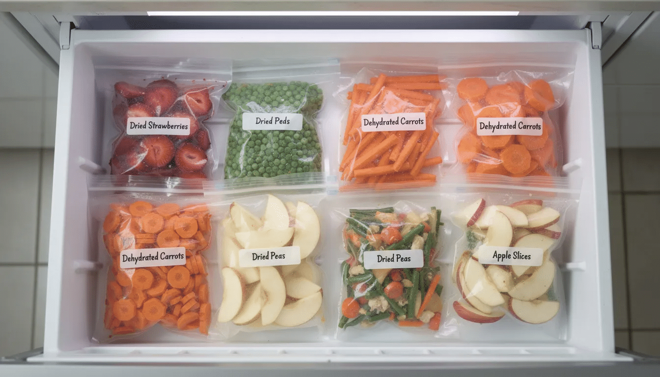 The image shows vacuum sealed freezer bags filled with various dehydrated foods, such as fruits and vegetables, neatly arranged in a freezer drawer. These freeze dried products are designed for long shelf life and safe storage, making them ideal for ready-to-eat meals and snacks.