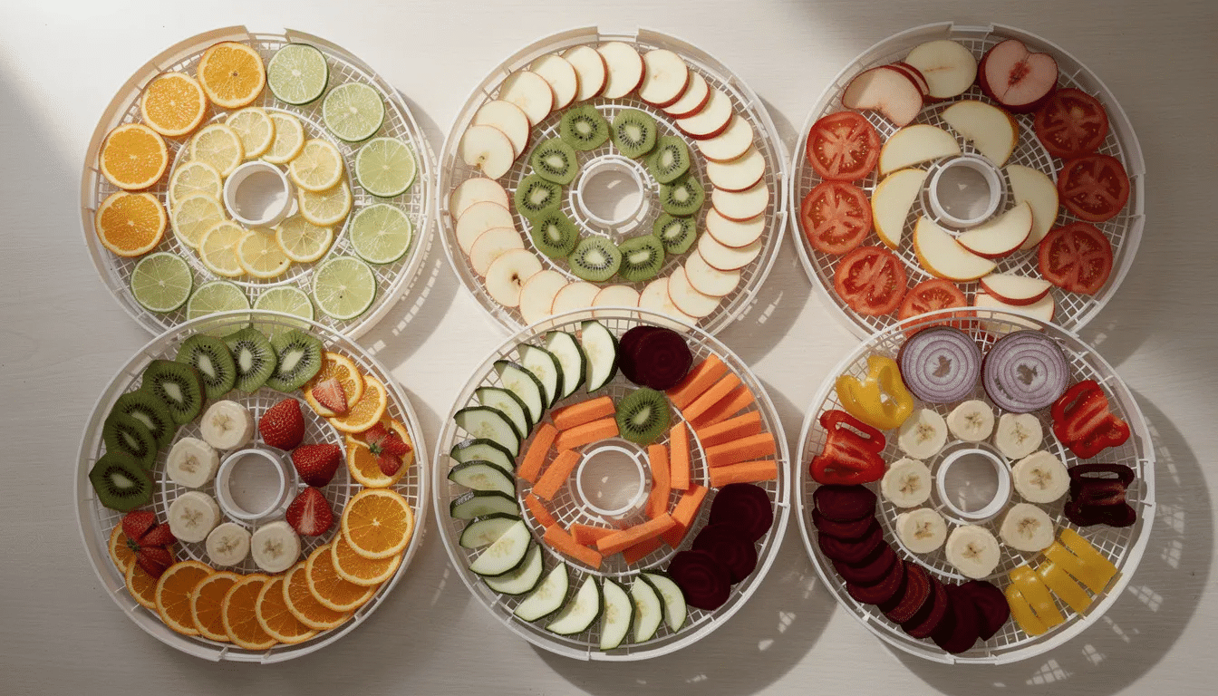 March 4, 2026 | The image shows an assortment of sliced fruits and vegetables beautifully arranged on round drying racks, ideal for use in a food dehydrator. This setup highlights the trays that can be used for drying, showcasing a vibrant and healthy selection of food ready for preservation.