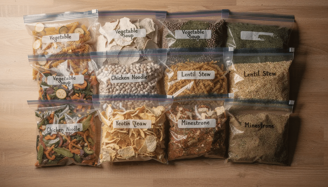 An assortment of labeled freezer bags filled with different portions of dehydrated soup is neatly arranged on a table, showcasing various ingredients such as mixed vegetables and dried soup mix, ideal for backpacking meals. These bags represent a convenient way to store dehydrated food for outdoor adventures, allowing easy preparation by just adding boiling water.