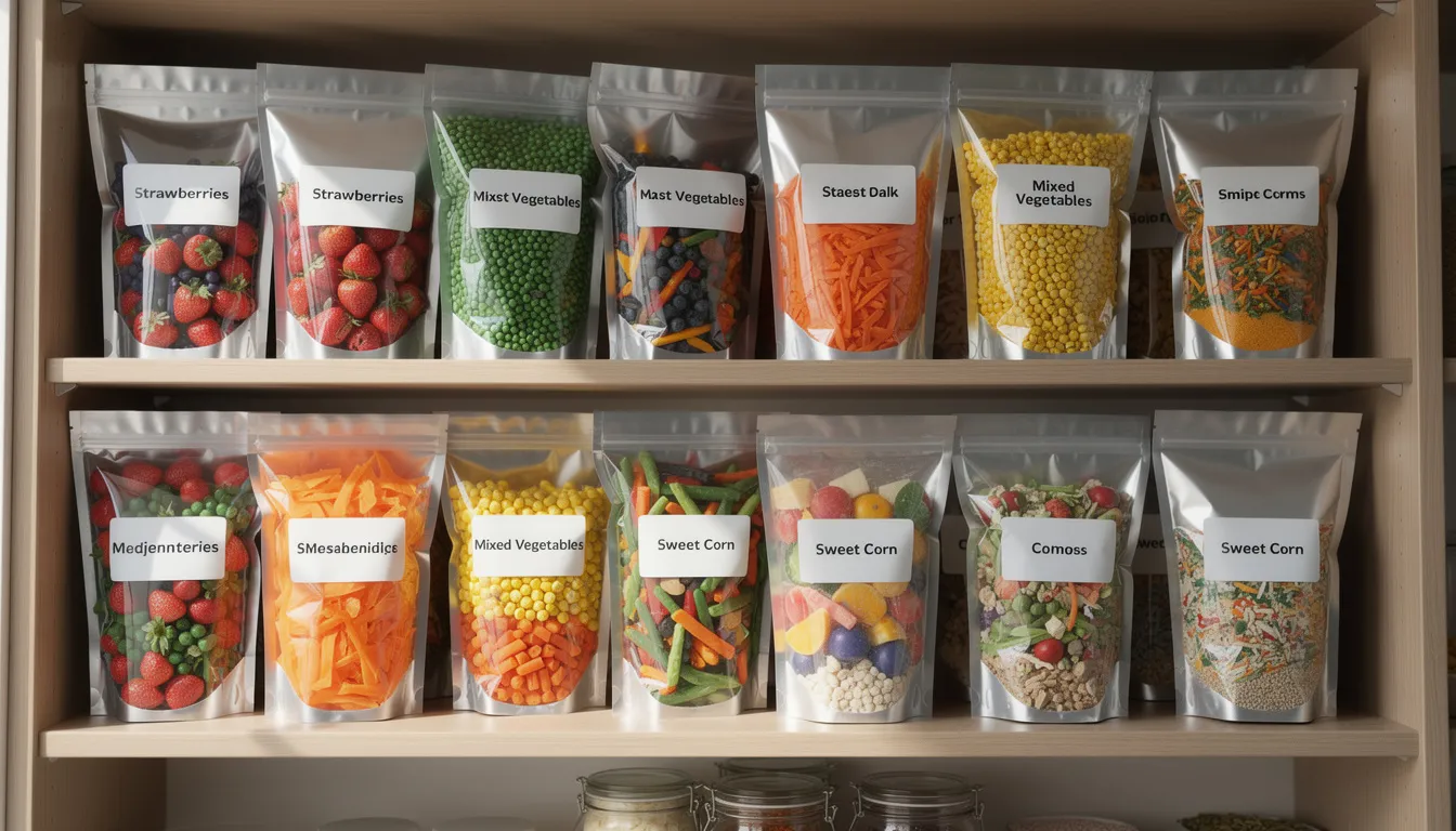 The image shows neatly organized pantry shelves filled with labeled Mylar bags containing a variety of colorful freeze-dried foods, including fruits, vegetables, and meats. This setup highlights the benefits of using a Harvest Right freeze dryer for preserving garden harvests and ensuring easy access to nutritious meals.