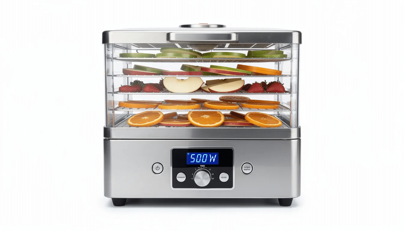 The image depicts a modern food dehydrator featuring stainless steel trays and a digital control panel, designed for efficient drying of various foods like fruits, vegetables, and beef jerky. This dehydrator machine offers adjustable temperature settings for optimal wattage, ensuring even heat distribution during the drying process for healthy snacks.