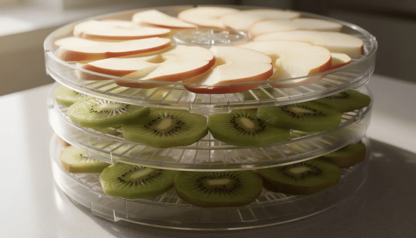 A close-up image of round stackable dehydrator trays filled with neatly arranged sliced apples and kiwis, showcasing the fruits being prepared in a durabrand food dehydrator for drying. The trays are packed with vibrant colors, highlighting the healthy snacks that can be made while reducing food waste.