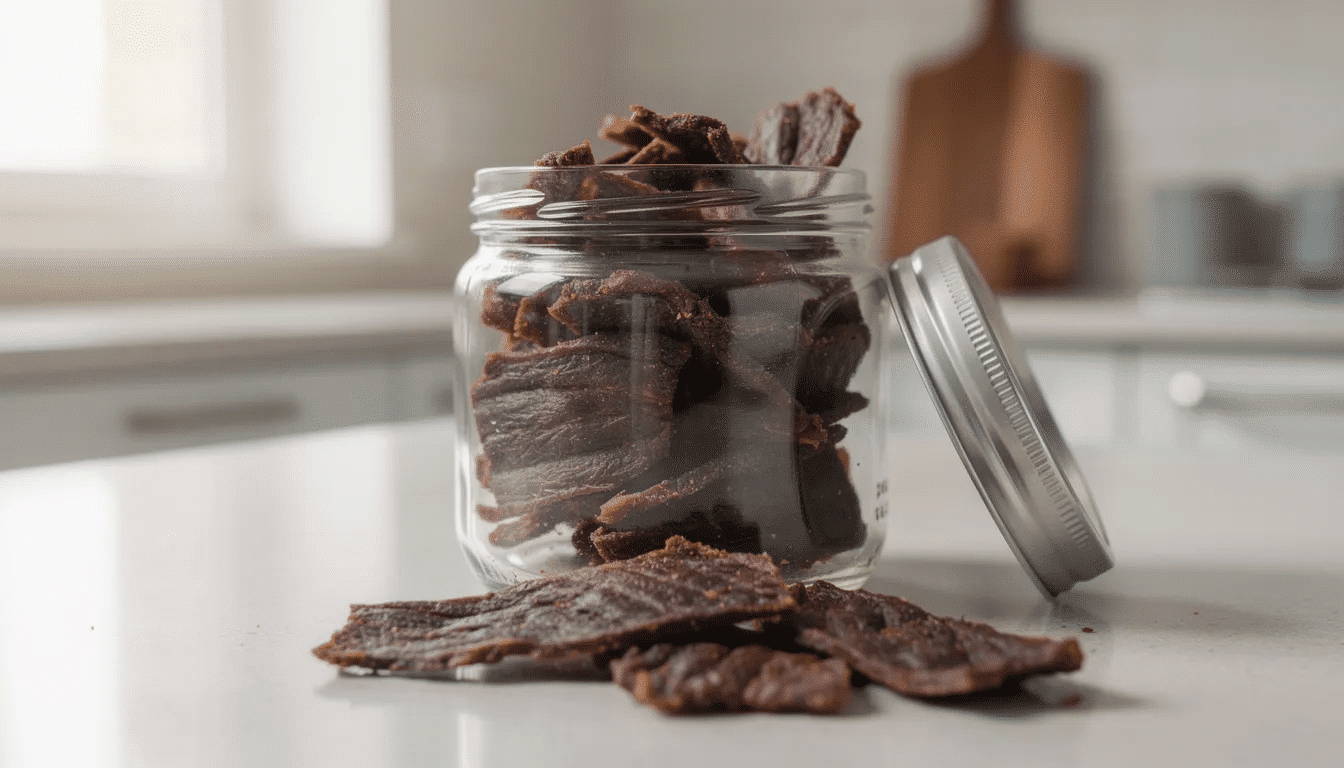 The image shows finished homemade jerky pieces neatly stored in a clear glass jar placed on a kitchen counter, showcasing the chewy texture and rich color of the jerky. This delicious snack, possibly made using a Nesco dehydrator, is ready for storage or sharing with friends.