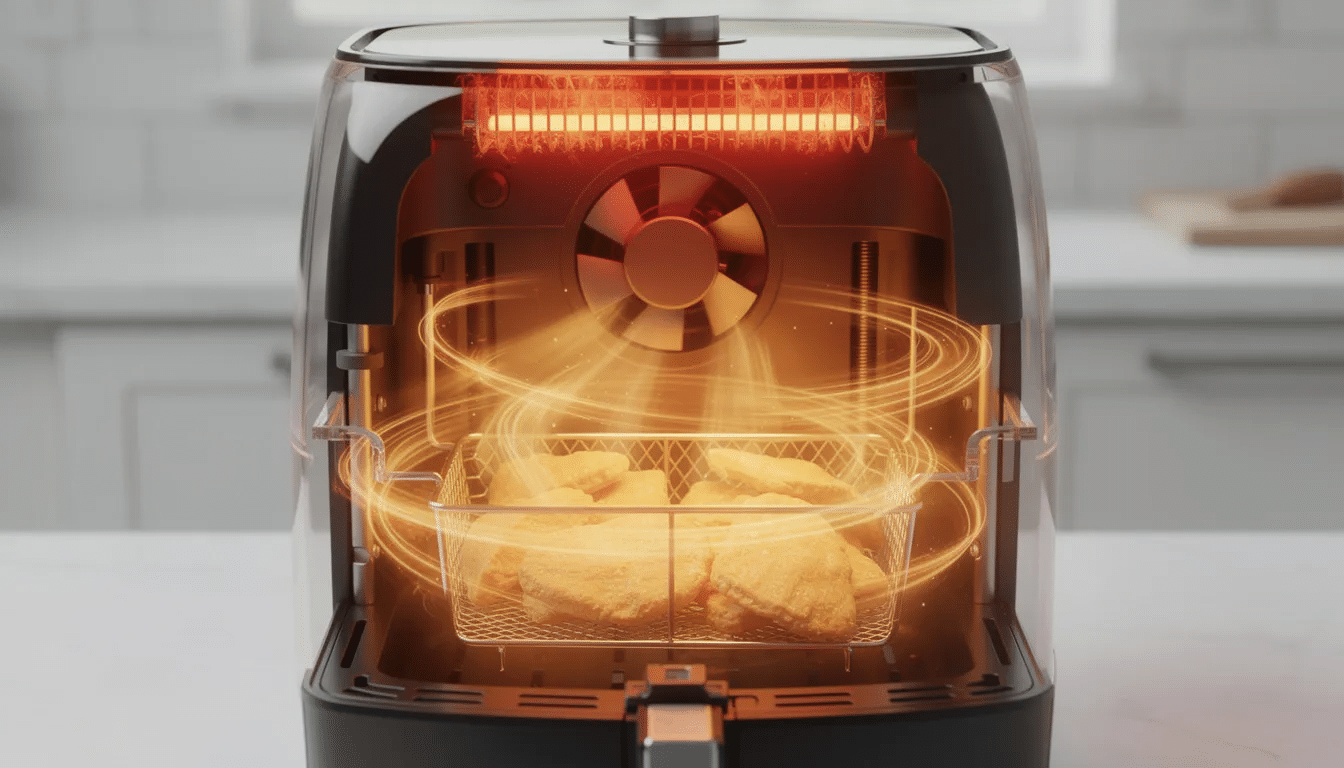 The image shows warm air circulating inside an air fryer, highlighting the visible heating element and fan that contribute to air frying. This innovative appliance, like the Cosori air fryer, ensures even results while cooking delicious meals with less oil and hassle-free cleanup.