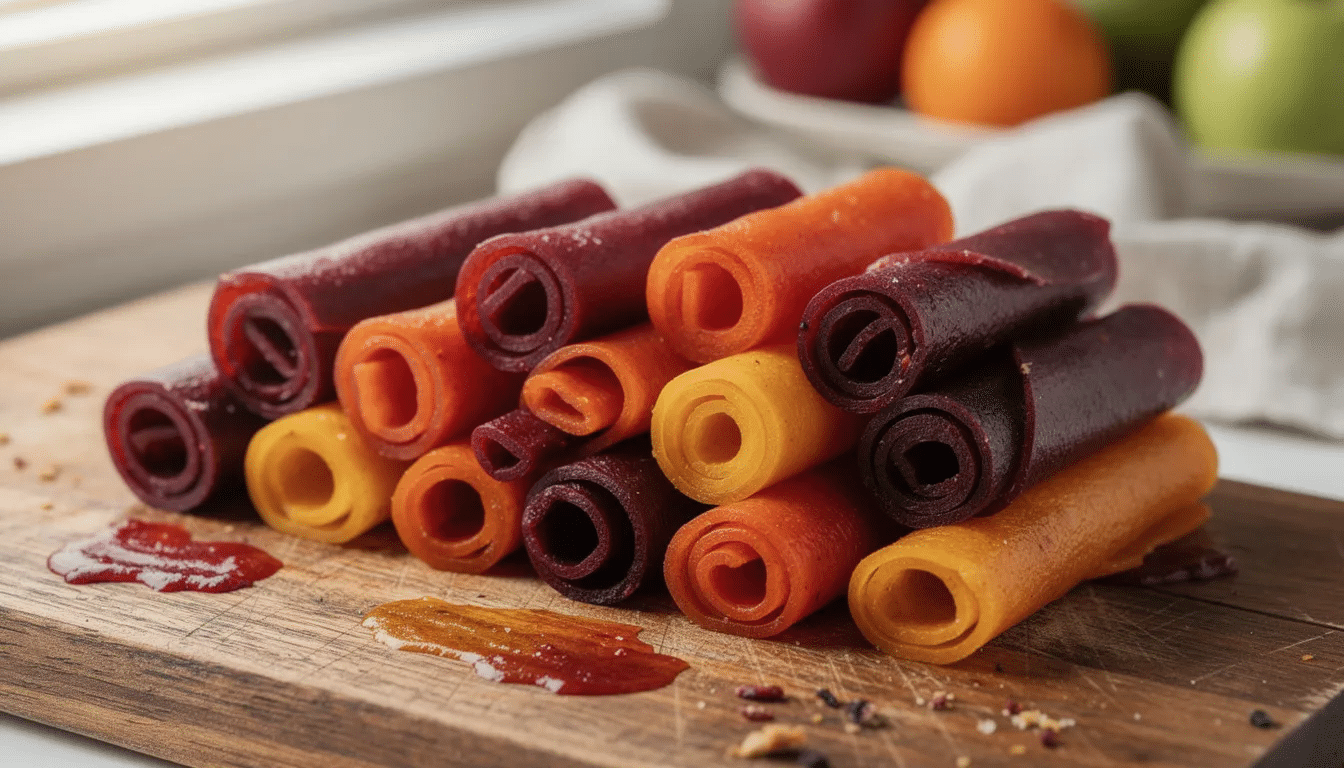 Colorful homemade fruit leather rolls are beautifully arranged on a wooden cutting board, showcasing a variety of vibrant hues. This delightful display highlights the results of using a food dehydrator, perfect for drying fruits and creating healthy snacks.