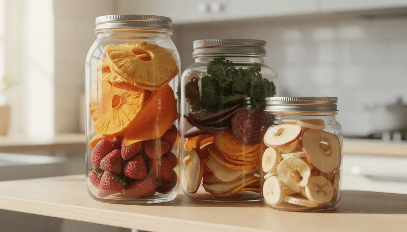 The image features glass jars filled with an array of colorful dried fruits and vegetable chips, neatly arranged on a kitchen shelf, showcasing the results of using a durabrand food dehydrator. The vibrant hues of the dried snacks highlight a healthy, waste-reducing approach to preserving fruits and vegetables.