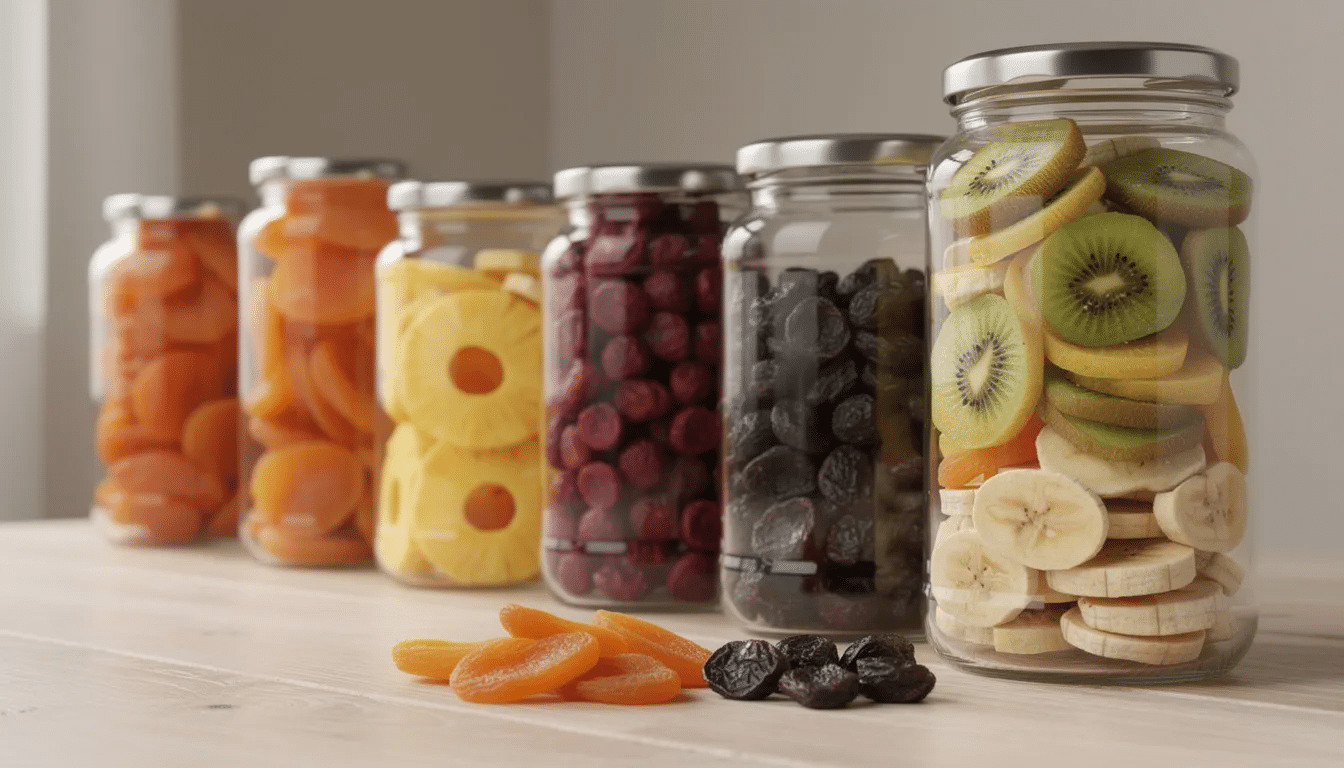 The image features an assortment of vibrant dried fruits, such as apricots, apples, and mangoes, beautifully displayed in clear glass jars. This colorful arrangement showcases the results of using a food dehydrator, highlighting the instructions and techniques for making dried fruits, which could be found in an accompanying book or user manual.