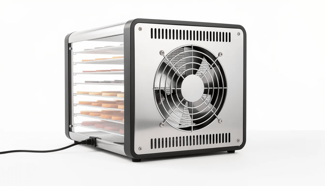 The image features a horizontal airflow food dehydrator with a rear-mounted fan, showcasing stainless steel trays and a glass door for easy viewing. This quiet dehydrator is designed for preserving food, allowing users to store dehydrated fruits, vegetables, and meats efficiently.