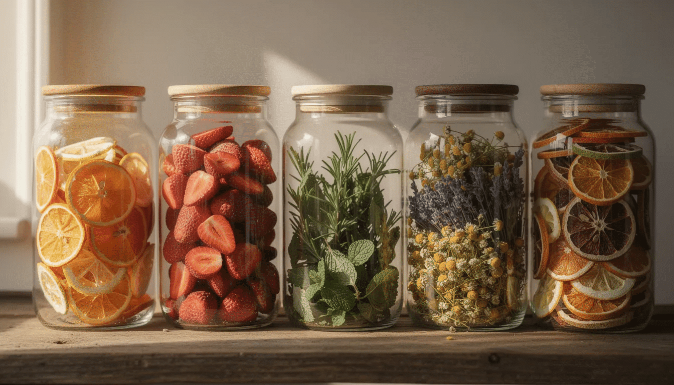 The image features a collection of glass storage jars filled with various dried herbs and vibrant fruit chips, showcasing a colorful and organized display. These ingredients, often prepared using a dehydrate function in appliances like the Cosori air fryer, are perfect for enhancing the flavor of delicious meals while preserving their freshness.