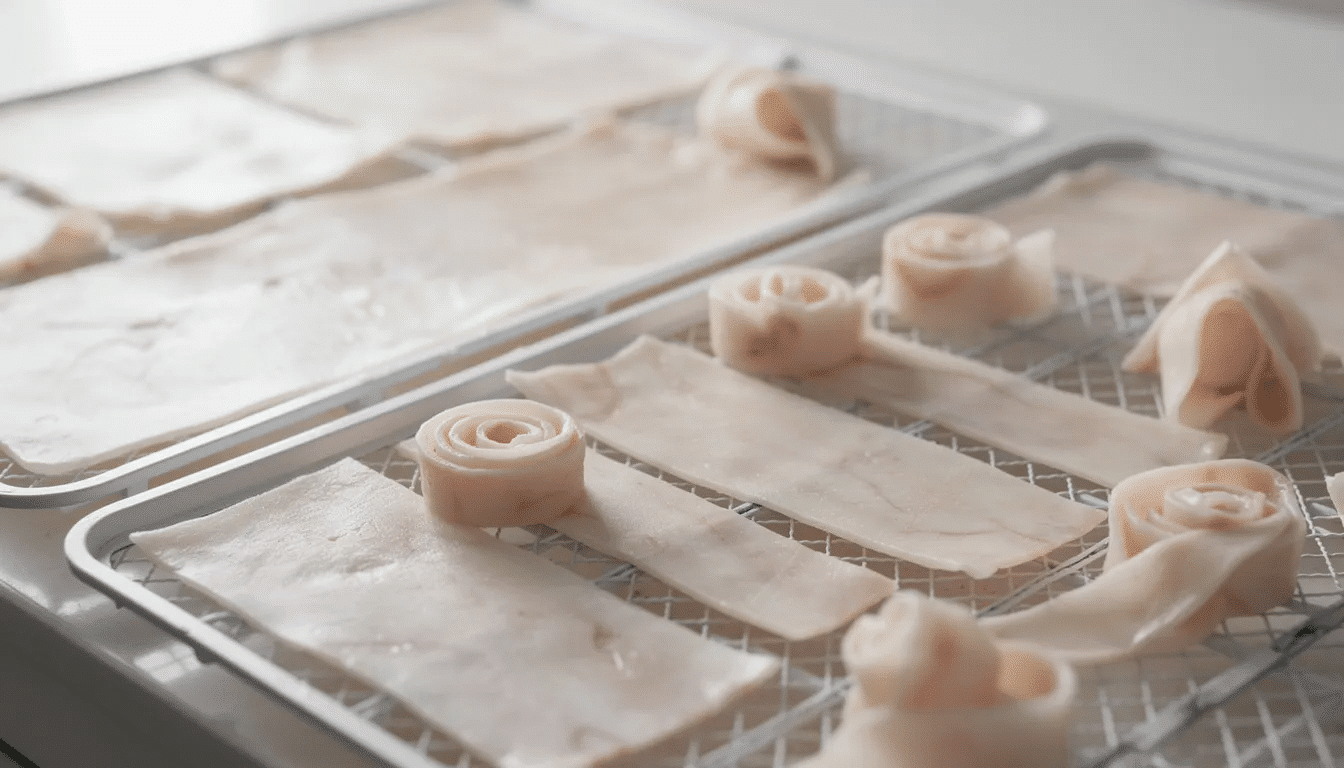 The image shows thin sheets of dried yogurt leather arranged on dehydrator trays, with some pieces creatively rolled into spirals. This healthy snack, made from plain yogurt and possibly flavored with fruit, showcases the versatility of a food dehydrator for creating homemade yogurt treats.