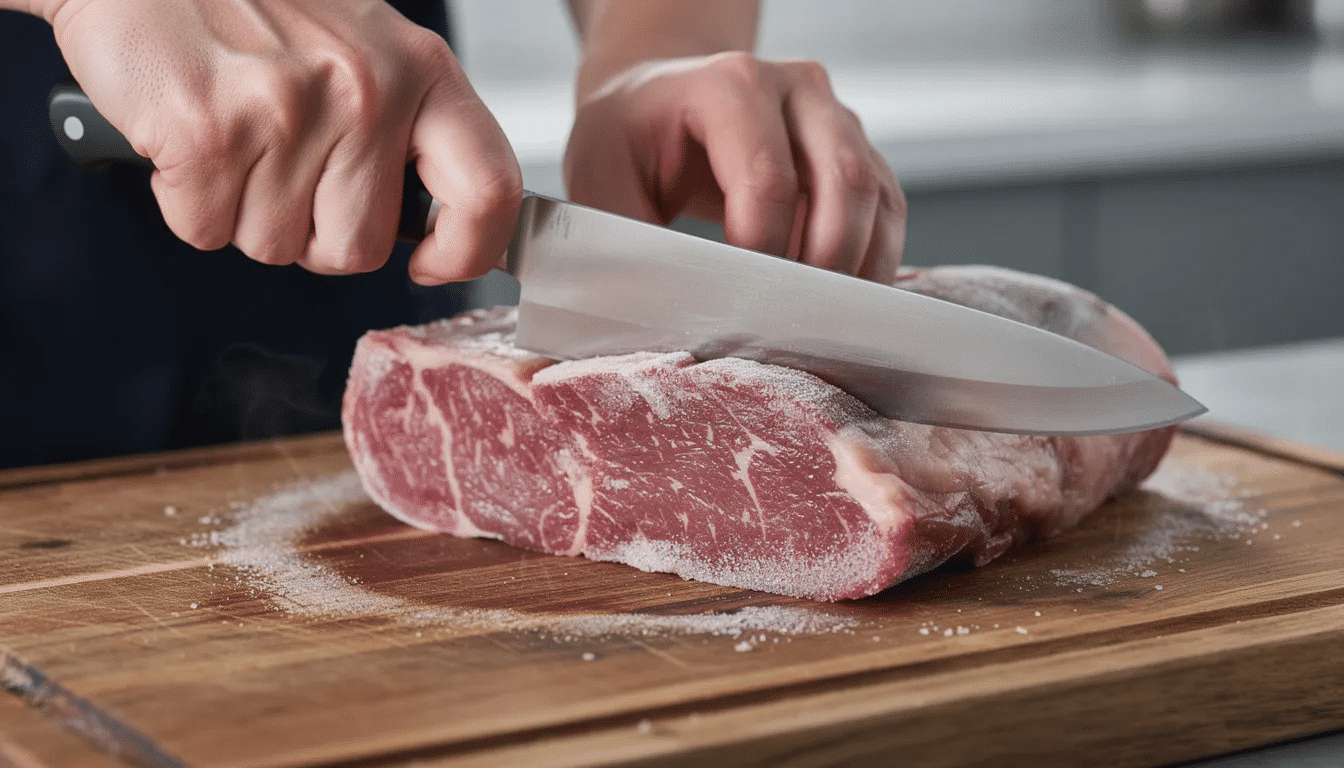 A pair of hands is skillfully slicing partially frozen beef on a wooden cutting board using a sharp knife, preparing it for making homemade beef jerky. The beef is cut into thin strips, ideal for marinating and dehydrating to create flavorful jerky snacks.