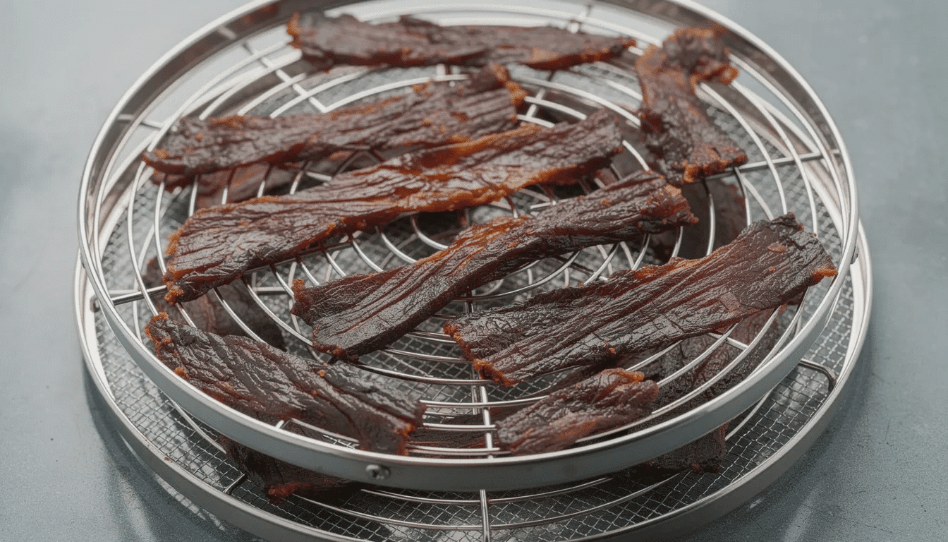 Thin strips of dark brown beef jerky are neatly arranged on metal racks of a food dehydrator, showcasing the drying process. This image highlights the effective use of the dehydrator for preserving food, emphasizing the texture and shape of the jerky.