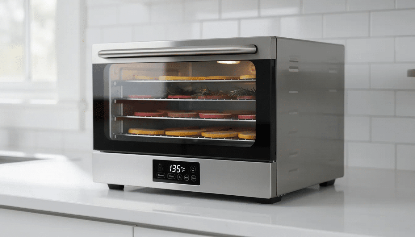 A modern stainless steel food dehydrator is displayed on a clean kitchen countertop, featuring stainless steel trays and a digital control panel for temperature settings. This silent dehydrator is ideal for preserving fruits, vegetables, and meats, allowing for long-term storage of delicious dehydrated foods.