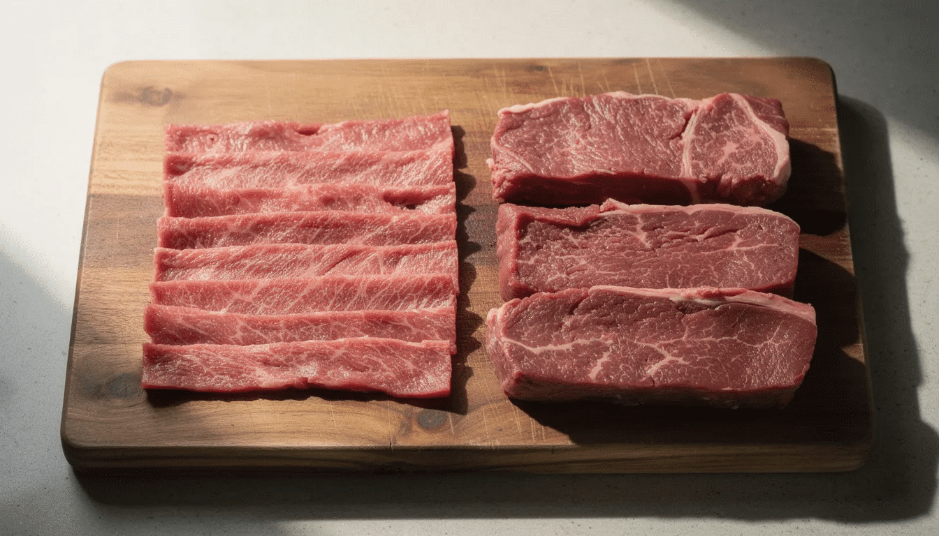 The image shows a wooden cutting board featuring a side-by-side comparison of thinly sliced and thickly sliced raw beef strips, highlighting the different thicknesses that can be used for making homemade beef jerky. The arrangement emphasizes the variety in beef strips that can be marinated with ingredients like soy sauce and garlic powder for a flavorful jerky recipe.