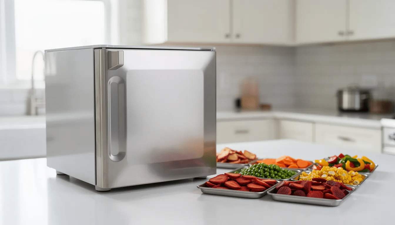 A modern Harvest Right freeze dryer is prominently displayed on a kitchen counter, with vibrant trays of dried strawberries and assorted vegetables arranged beside it, showcasing the ease of preserving garden-fresh foods. The sleek design of the freeze dryer highlights its functionality for drying fruits, vegetables, and even meats.