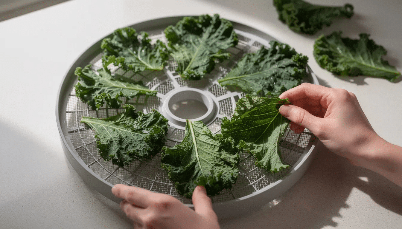 Fresh green kale leaves are carefully arranged in a single layer on a round mesh dehydrator tray, ready for dehydration to preserve their nutrients and enhance their flavor. This process will help create dehydrated vegetables that can be stored for extended shelf life in airtight containers.