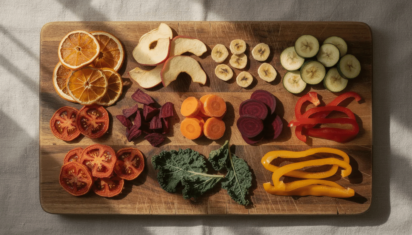 An assortment of colorful dehydrated vegetables and fruits is beautifully arranged on a wooden cutting board, showcasing various food pieces like carrots, bell peppers, and apples. These dehydrated ingredients are perfect for rehydrating with hot or cold water, making them ideal for camping meals or quick, flavorful soups and stews.