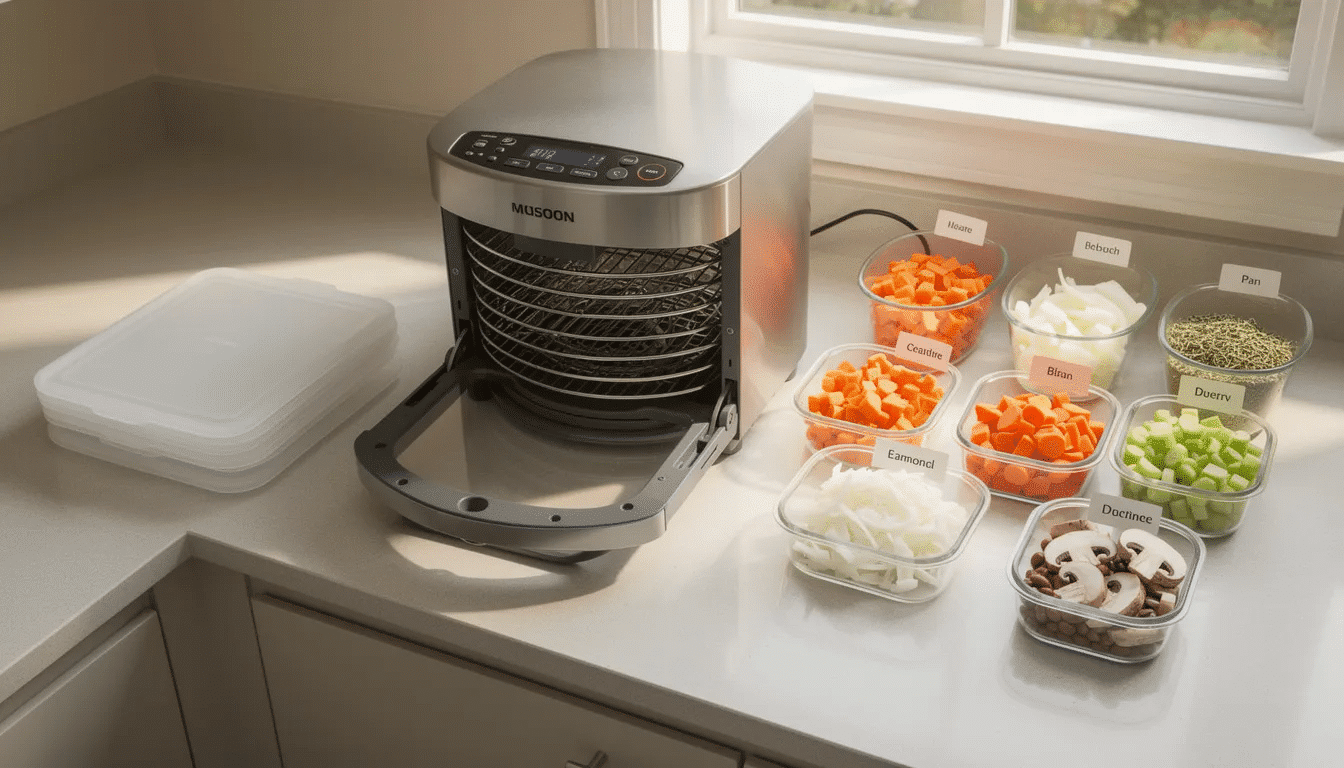 The image shows a kitchen counter featuring a food dehydrator surrounded by silicone sheets and various containers filled with ingredients for making dehydrated meals, including frozen vegetables, canned chicken, and spices. This setup is ideal for preparing tasty soup mixes and backpacking food, emphasizing the dehydration process for longer shelf life.