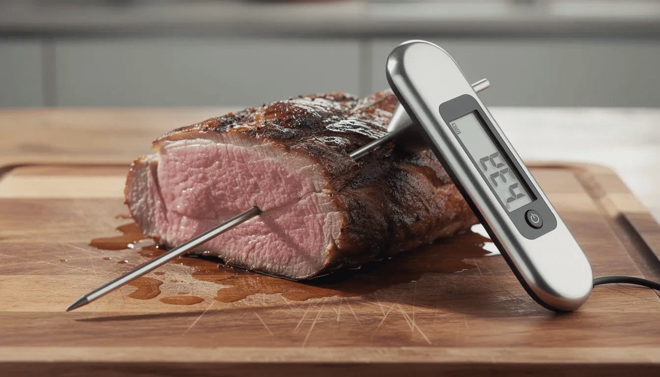 A digital meat thermometer is inserted into a piece of raw meat on a cutting board, indicating the internal temperature, which is essential for safely cooking meats like beef for homemade jerky. The cutting board is surrounded by a clean kitchen environment, emphasizing the importance of monitoring temperature to avoid foodborne illness during the dehydration process.