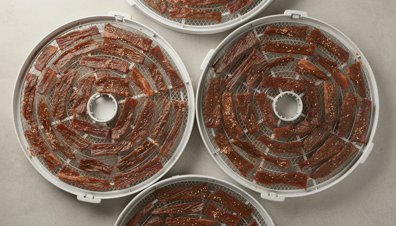 The image features strips of marinated beef jerky neatly arranged on circular dehydrator trays, ready for the dehydration process. This setup is essential for making jerky, as removing moisture helps preserve the meat and extend its shelf life while enhancing its flavor.