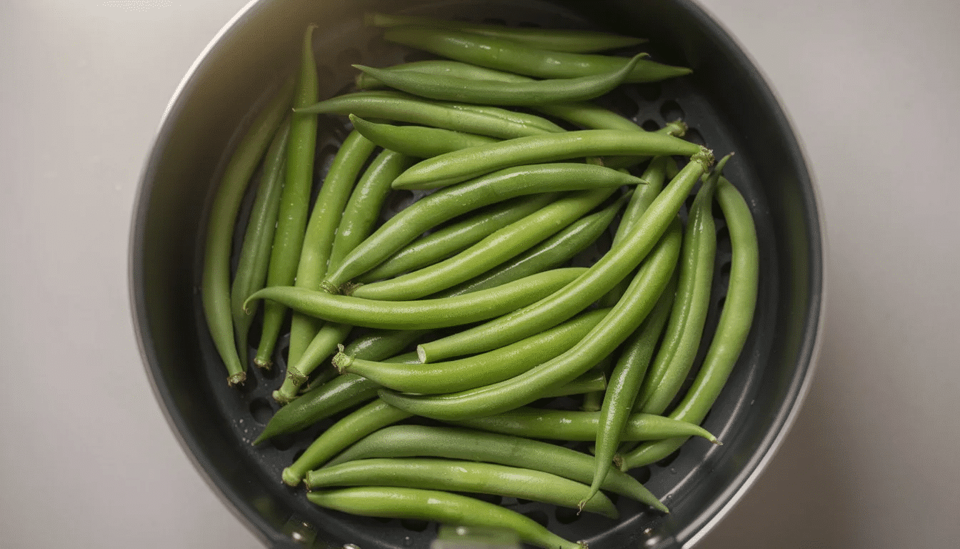 Fresh green beans are neatly arranged in a single layer inside a round air fryer basket, ready for air frying. This setup is perfect for making crispy air fryer green beans, a delicious and healthy snack.