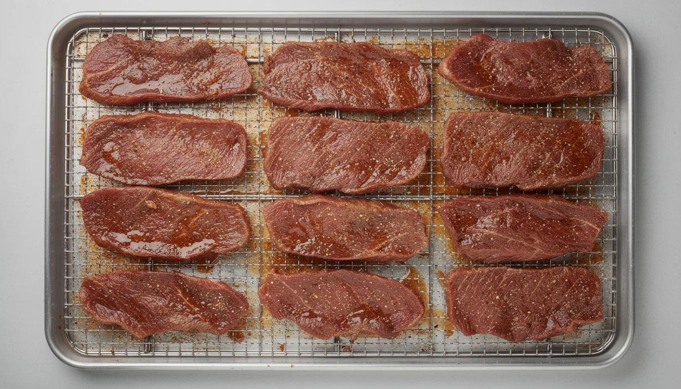 The image shows thin slices of marinated beef, seasoned with garlic powder, soy sauce, and smoked paprika, neatly arranged in a single layer on metal dehydrator trays of a Magic Mill dehydrator, ready for making jerky at home. This easy recipe highlights the fun of dehydrating foods and can inspire great ideas for tasty snacks.