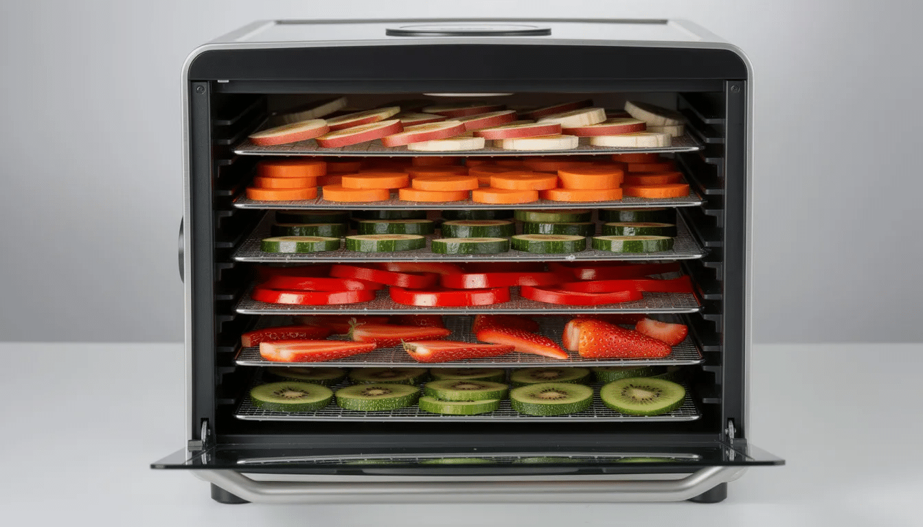 The image shows a food dehydrator with stacked trays filled with an assortment of sliced fruits and vegetables, including apples and pears, ready for the drying process. This efficient machine features stainless steel racks and a digital control panel to manage temperature settings for optimal food preservation and to create delicious dehydrated snacks like fruit leather and beef jerky.